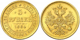 1884. Rusia. Alejandro III. (San Petersburgo). . 5 rublos. (Fr. 165) (Kr. B26). 6,55 g. AU. Leves rayitas. Bella. Rara. EBC+.
