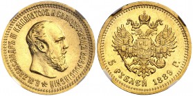 1889. Rusia. Alejandro III. . 5 rublos. (Fr. 168) (Kr. 42). AU. En cápsula de la NGC como MS61, nº 4439620-012. Bella. Ex Heritage 16/01/2018, nº 3593...