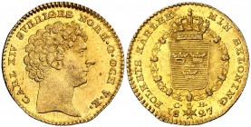 1827/6. Suecia. Carlos XIV. CB. 1 ducado. (Fr. 84) (Kr. 594). 3,49 g. AU. Acuñación de 4579 ejemplares. Bella. Brillo original. Rara. EBC+/S/C-.
