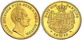 1858. Suecia. Óscar I. ST. 1 ducado. (Fr. 90a) (Kr. 668). 3,49 g. AU. Bella. Brillo original. Rara y más así. EBC+/S/C-.