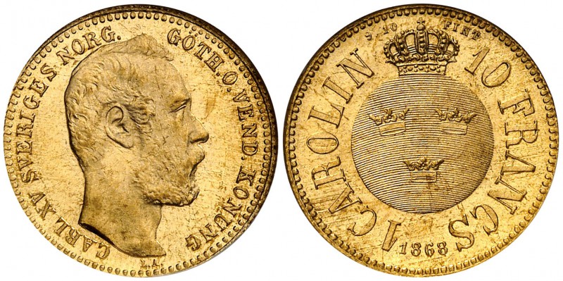 1868. Suecia. Carlos XV. 1 carolin/10 francos. (Fr. 92) (Kr. 716). AU. En cápsul...