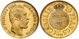 1868. Suecia. Carlos XV. 1 carolin/10 francos. (Fr. 92) (Kr. 716). AU. En cápsula de la NGC como MS64, nº 179792-001. Bella. Brillo original. Ex Stack...