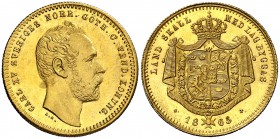 1865. Suecia. Carlos XV. ST. 1 ducado. (Fr. 91) (Kr. 709). 3,46 g. AU. Bella. Brillo original. Ex Künker 01/10/2015, nº 6498. Rara así. S/C-.