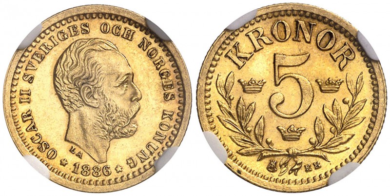1886. Suecia. Óscar II. EB. 5 coronas. (Fr. 95) (Kr. 756). AU. En cápsula de la ...