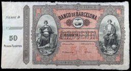 18...(1868). Banco de Barcelona. 50 pesos fuertes. (Ed. A60) (Ed. 64). Serie C. Sin fecha, ni firmas, ni numeración. Con matriz lateral izquierda. Cur...
