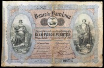 1867. Banco de Barcelona. 100 pesos fuertes. (Ed. A61) (Ed. 65). 9 de noviembre. Fechado a mano. Con cuatro firmas autógrafas en anverso y dos rúbrica...