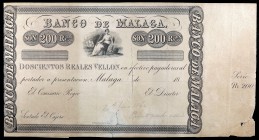 18...(1856). Banco de Málaga. 200 reales de vellón. (Ed. A99) (Ed. 103). I emisión. Sin fecha, ni firmas, ni numeración. Con matrices laterales. Prueb...