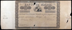 18... (1856). Banco de Málaga. 500 reales de vellón. (Ed. A100) (Ed. 104). I emisión. Sin fecha, ni firmas, ni numeración. Con matrices laterales. Pru...