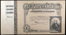 1892. Banco de Valls. 25 pesetas. (Ruiz y Alentorn 930). 1 de julio, Pablo de Baldrich. Serie A. Sin firmas y con matriz lateral izquierda. Ex Colecci...