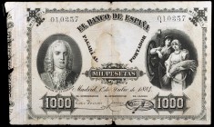 1884. 1000 pesetas. (Ed. B75). 1 de julio, Marqués de la Ensenada. Roturas. Extraordinariamente raro. BC.