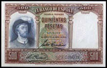 1931. 500 pesetas. (Ed. C12m) (Ed. 361M). 25 de abril, Elcano. SPECIMEN en taladros. Numeración 0.000.000. Ex Colección Cervantes 08/11/2018, nº 1251....