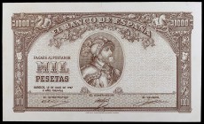 1937. Burgos. 1000 pesetas. (Ed. NE44p) (Ed. NE44P). 18 de julio, Emperador Carlos V. Prueba de anverso, color marrón. Ex Colección Cervantes 08/11/20...