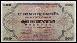 1938. Burgos. 500 pesetas. (Ed. D34) (Ed. 433). 20 de mayo. Leve doblez pero extraordinario ejemplar, con pleno apresto. EBC+.