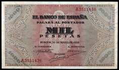 1938. Burgos. 1000 pesetas. (Ed. D35) (Ed. 434). 20 de mayo. Leve doblez. Ex Colección Cervantes 08/11/2018, nº 1322. Raro y más así. EBC-.