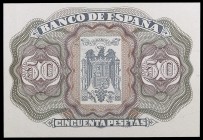 (1939). 50 pesetas. (Ed. NE45p) (Ed. NE47P). Billete no emitido del que sólo existe la prueba de reverso. Doblez lateral. Ex Colección Cervantes 08/11...