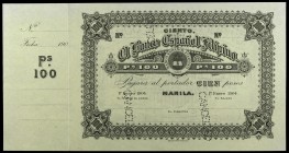 1904. Manila. Banco Español Filipino. 100 pesos. (Ed. F21m) (Ed. 21M). 1 de enero. Muestra sin firmas, sin numerar, con matriz lateral izquierda. CANC...