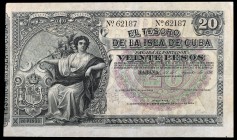 1891. El Tesoro de la Isla de Cuba. 20 pesos. (Ed. CU62) (Ed. 65). 12 de agosto. Sin firmas. Ex Colección Cervantes 08/11/2018, nº 1451. Muy raro así....