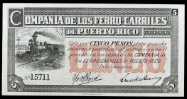 (1880-1885). Puerto Rico. Compañía de los Ferrocarriles. 5 pesos. (Ed. PR5, mismo ejemplar) (Ed. 10, mismo ejemplar). La moneda que circulaba oficialm...