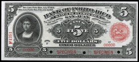 1909. Banco de Puerto Rico. 5 dólares. (Ed. PR26m, mismo ejemplar) (Ed. 31M, mismo ejemplar). 1 de julio, Colón. Muestra SPECIMEN, numeración 00000, s...