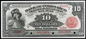 1909. Banco de Puerto Rico. 10 dólares. (Ed. PR27m, mismo ejemplar) (Ed. 32M, mismo ejemplar). 1 de julio, Juan Ponce de León. Muestra SPECIMEN, numer...