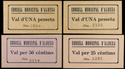 Albesa. 25, 50 céntimos y 1 peseta (dos). (T. 86a, 86c, 87c y 88b). 4 cartones. Raros y más así. EBC/MBC+.