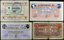 Borges del Camp. 25, 50 céntimos y 1 peseta (dos). (T. 584 y 586 a 588). 4 billetes, una serie completa. Raros. BC-/MBC+.
