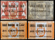 Calaf. 25 (dos), 50 céntimos y 1 peseta. (T. 676, 677a, 684 y 685). 4 billetes en celuloide. Escasos. MBC/EBC.
