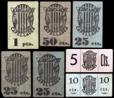 Capellades. 5, 10, 25 (tres), 50 céntimos y 1 peseta. (T. 770, 771, 772 (dos) y 775 a 777). 7 cartones, dos series completas. Escasos. BC/MBC+.