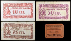 Cornudella de Montsant. 10, 25 y 50 céntimos (dos). (T. 1025 y 1033 a 1035). 3 billetes y un cartón, éste muy raro. BC+/EBC-.