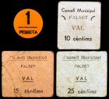 Falset. 10, 15, 25 céntimos y 1 peseta. (T. 1122b, 1125, 1126 y 1128). 3 cartones y una moneda en celuloide. Raros. BC/MBC+.