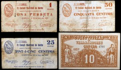Garcia. 25, 50 céntimos, 1 y 10 pesetas. (T. 1259). 4 billetes, uno de la Colectivad de Trabajadores CNT-AIT y la serie del Consell Municipal completa...