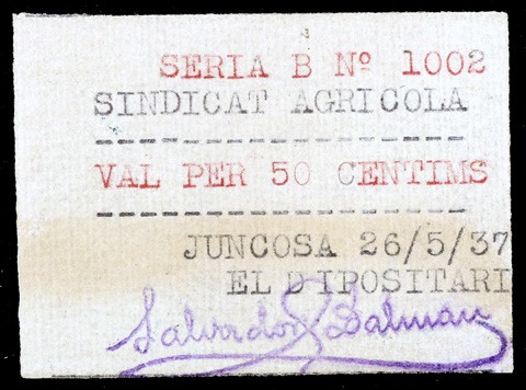 Juncosa de les Garrigues. Sindicat Agrícola. 5 céntimos. (T. 1475a). Rarísimo. E...