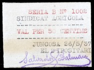 Juncosa de les Garrigues. Sindicat Agrícola. 5 céntimos. (T. 1475a). Rarísimo. EBC-.