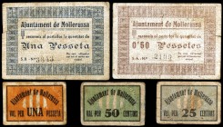 Mollerusa. 25, 50 céntimos (dos) y 1 peseta (dos). (T. 1734 a 1738). 5 cartones, todos los de la localidad. Conjunto raro. BC/MBC-.