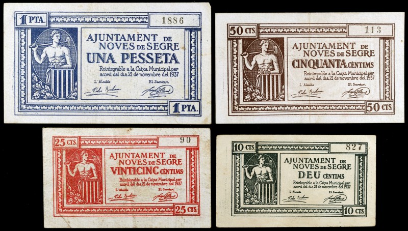 Noves de Segre. 10, 25, 50 céntimos y 1 peseta. (T. 1904 a 1907). 4 billetes, to...