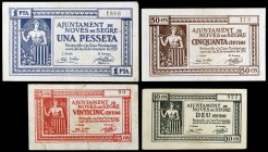 Noves de Segre. 10, 25, 50 céntimos y 1 peseta. (T. 1904 a 1907). 4 billetes, todos los de la localidad, el de 25 céntimos, nº 90 y el de 50 céntimos,...