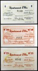 Oix. 25, 50 céntimos y 1 peseta. (T. 1924 a 1926). 3 billetes, todos los de la localidad, el de peseta nº 0159. Raros y más así. EBC-/EBC+.