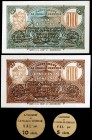 Palma de Cervelló, la. 5, 10, 50 céntimos y 1 peseta. (T. 2046 a 2049). 2 billetes y 2 cartones redondos, todos los de la localidad. Conjunto raro. BC...