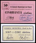 Pinell. 25 y 50 céntimos. (T. 2119 y 2124). Un billete y un cartón. Raros y más así. EBC/EBC+.