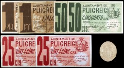 Puig-Reig. 25 (dos), 50 céntimos (dos) y 1 peseta (tres). (T. 2351a, 2352, 2352a, 2353, 2353a, 2354 y 2354a). 6 billetes y un cartón ovalado (éste muy...
