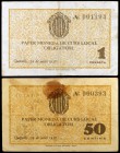 Queralbs. 50 céntimos y 1 peseta. (T. 2364 y 2365). 2 billetes, todos los de la localidad. Ex Colección Montoliu 26/04/2018, nº 607. Raros. BC+/MBC-....