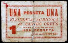 Santes Creus. El Sindicat Agrícola. 1 peseta. (T. 2628). Nº 238. Pequeñas roturas. Muy raro. (BC).