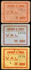 Térmens. 25, 50 céntimos y 1 peseta. (T. 2844a, 2845a y 2846). 3 cartones, serie completa. Raros. BC/MBC.