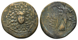 PONTOS. Amisos. Ae (Circa 85-65 BC). Time of Mithradates VI Eupator.
Obv: Aegis facing.
Rev: AMIΣOY.
Nike advancing right with shouldered palm branch;...