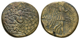 PONTOS. Amisos. Ae (Circa 85-65 BC). Time of Mithradates VI Eupator.
Obv: Aegis facing.
Rev: AMIΣOY.
Nike advancing right with shouldered palm branch;...