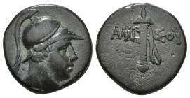 PONTOS. Amisos. Ae (Circa 111-105 or 95-90 BC). Struck under Mithradates VI Eupator.
Obv: Helmeted head of Ares right.
Rev: AMI - ΣOV.
Sword in sheath...
