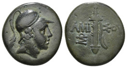 PONTOS. Amisos. Ae (Circa 111-105 or 95-90 BC). Struck under Mithradates VI Eupator.
Obv: Helmeted head of Ares right.
Rev: AMI - ΣOV.
Sword in sheath...