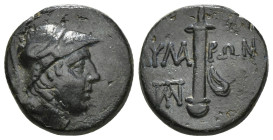 PONTOS. Taulara. Ae (Circa 111-90 BC).
Obv: Helmeted male head (Ares?) right.
Rev: TAYΛA-PΩN.
Sword in sheath; monogram to lower left. 7,68 g