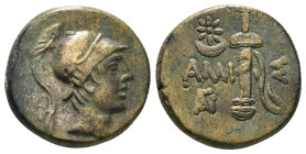 PONTOS. Amisos. Ae (Circa 111-105 or 95-90 BC). Struck under Mithradates VI Eupator.
Obv: Helmeted head of Ares right.
Rev: AMI - ΣOV.
Sword in sheath...
