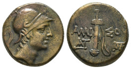 PONTOS. Amisos. Ae (Circa 111-105 or 95-90 BC). Struck under Mithradates VI Eupator.
Obv: Helmeted head of Ares right.
Rev: AMI - ΣOV.
Sword in sheath...